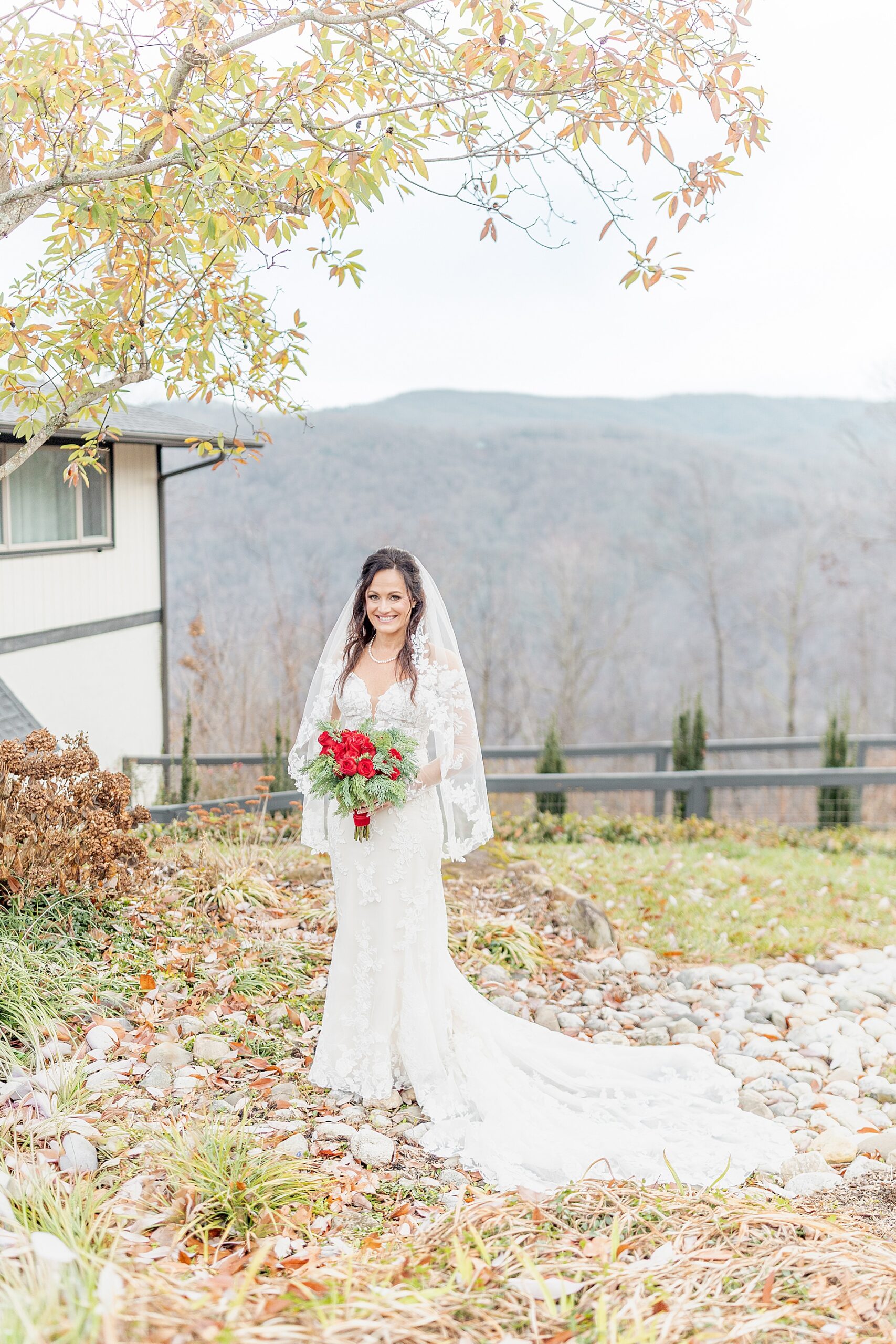 bride stands on mountain top overlooking the landscape 