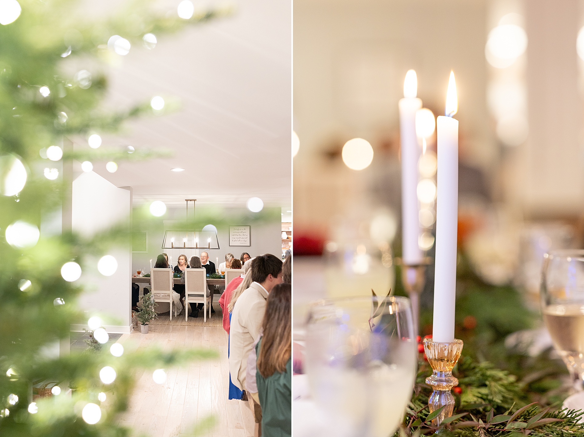candle light on tables and soft white Christmas lights 