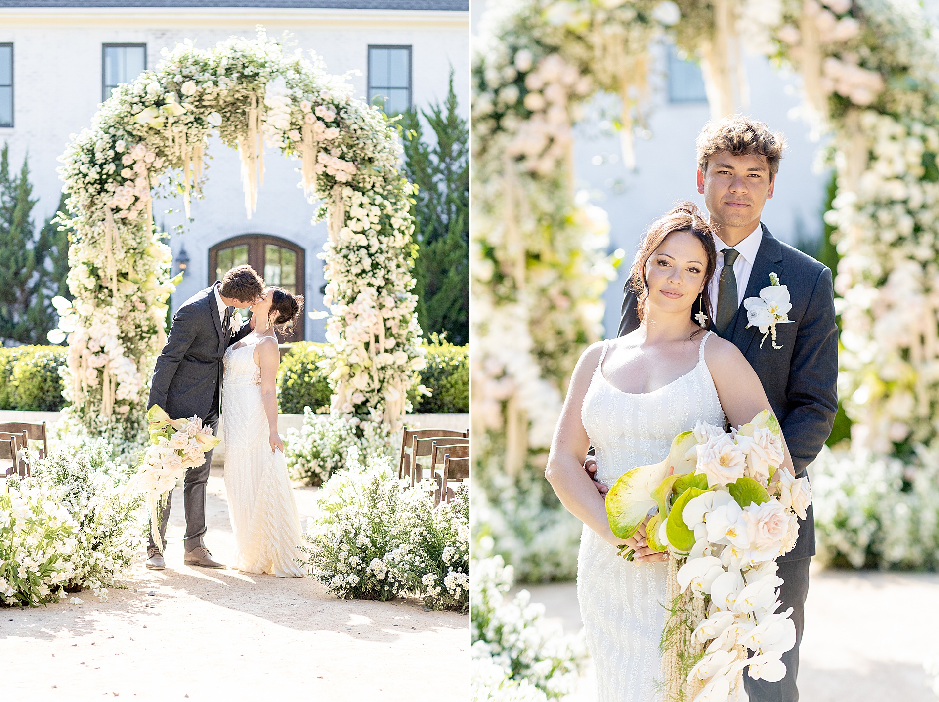 wedding portraits under floral arch at The Bradford wedding in Raleigh NC 