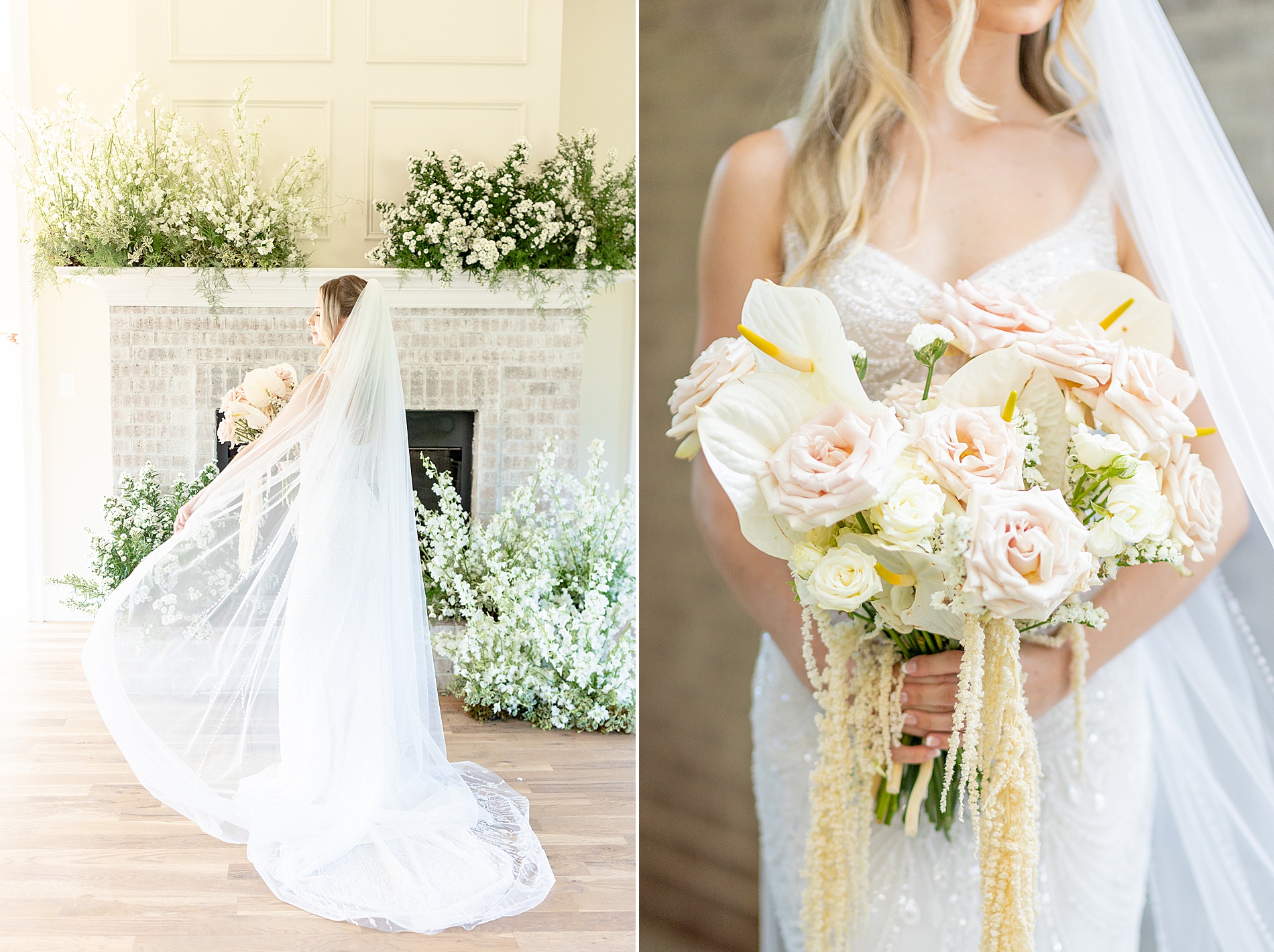 bride inside The Bradford holding elegant wedding bouquet 