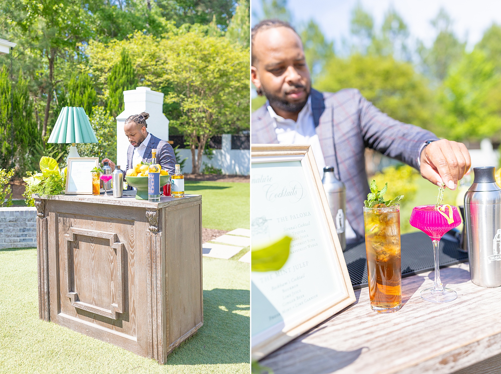 bartender at outdoor bar mixing signature drinks 