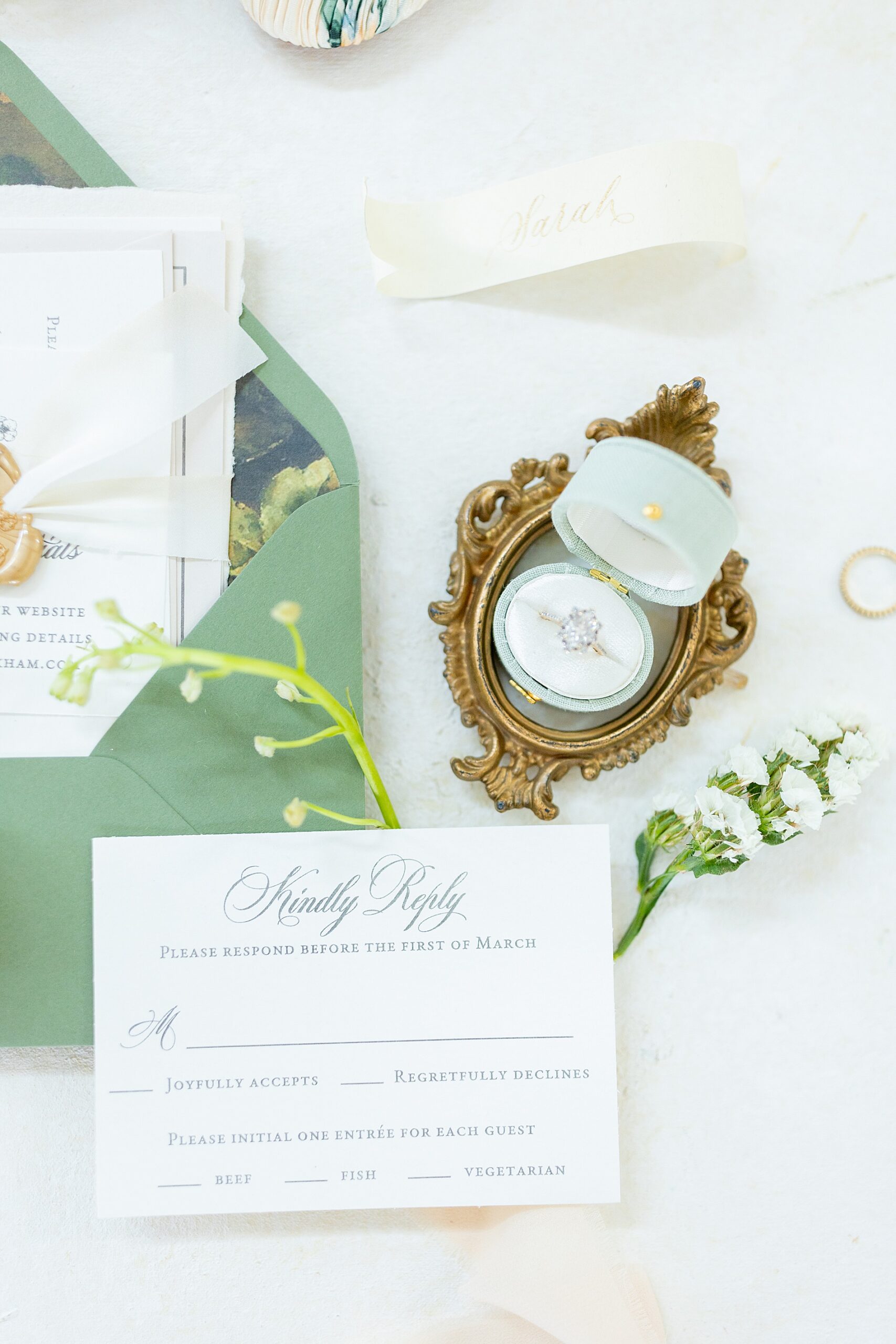 white and green wedding invitation suite