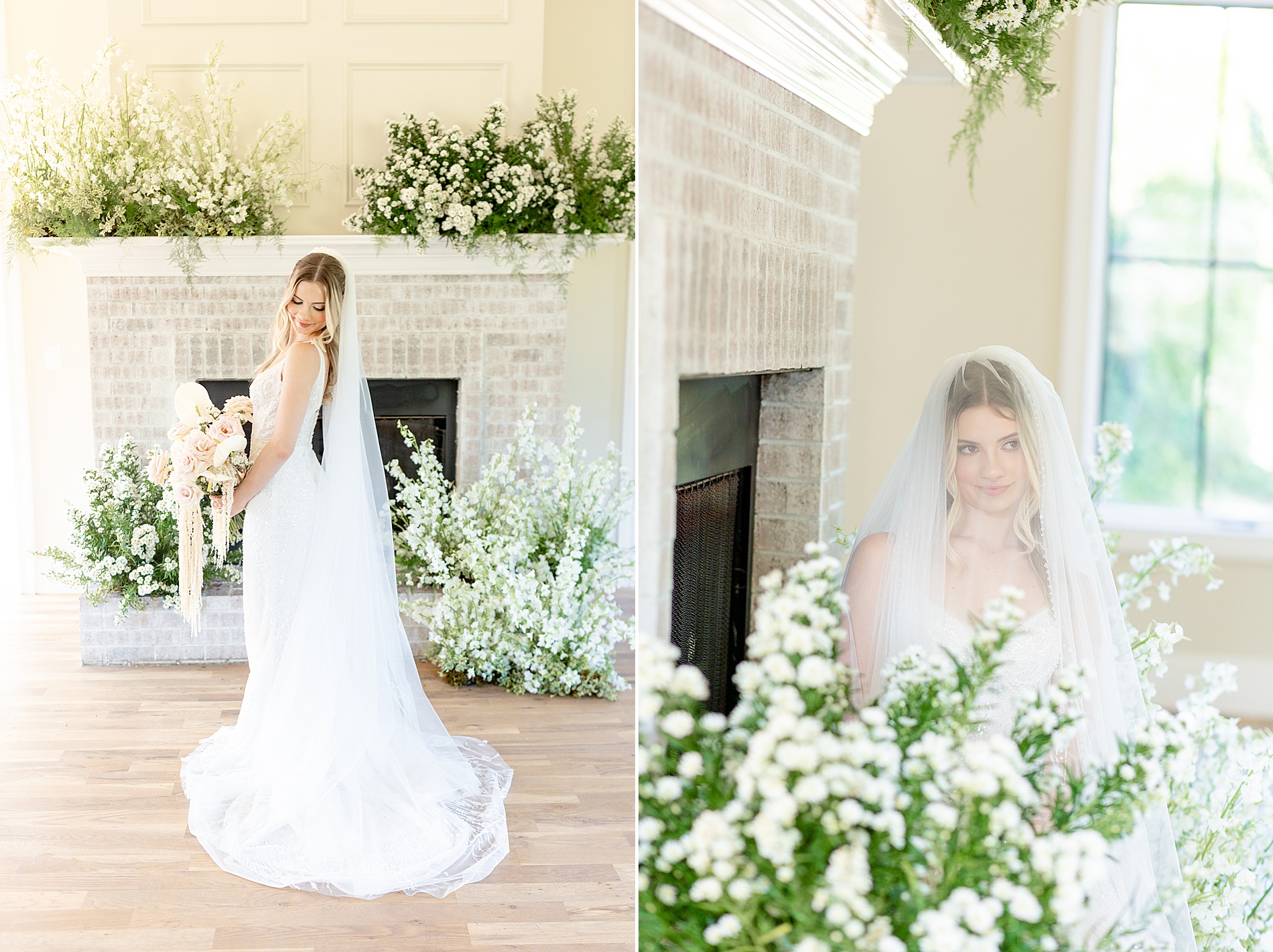 Bridal portraits by enchanting white floral arrangements 