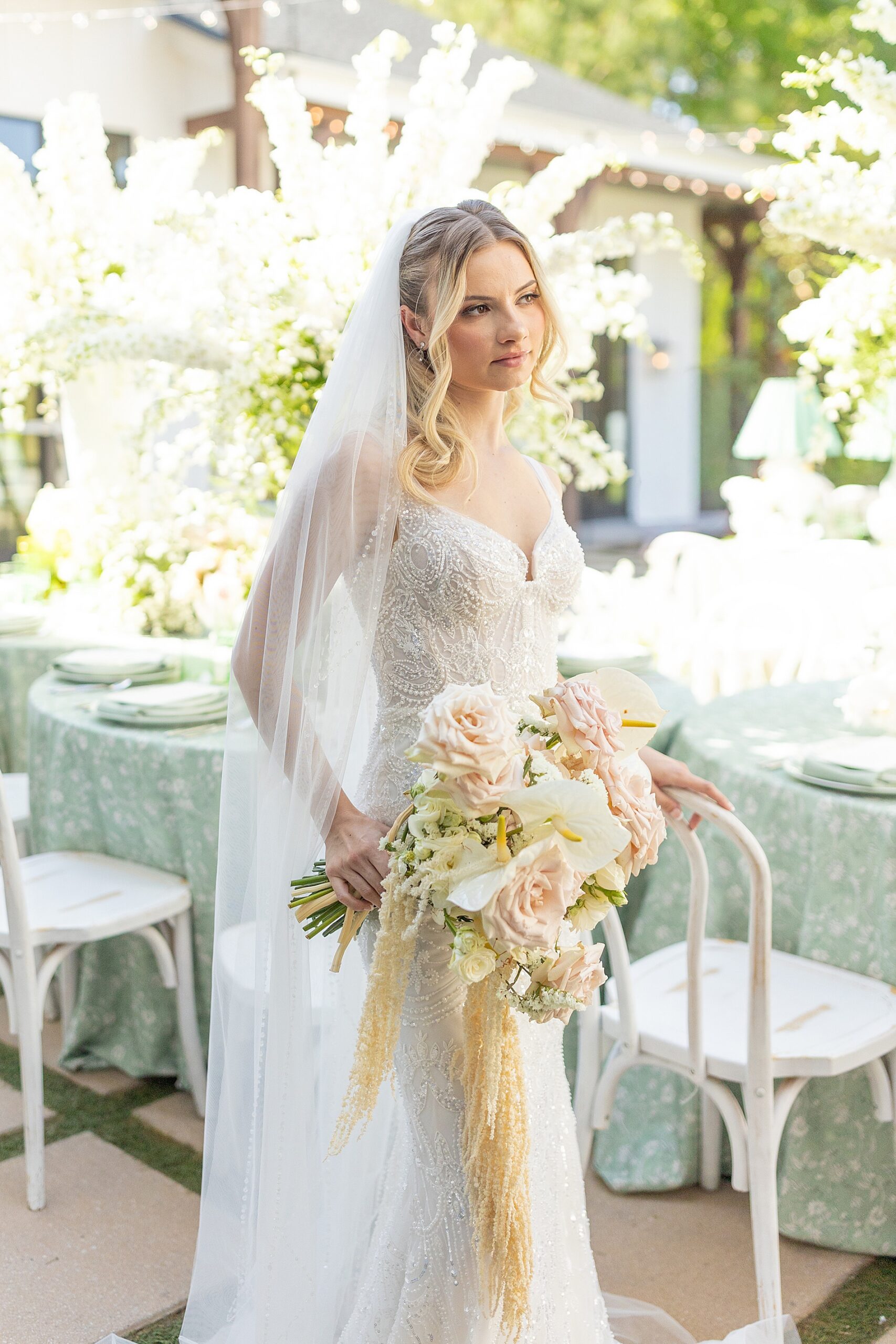 bridal portraits on patio of The Bradford 