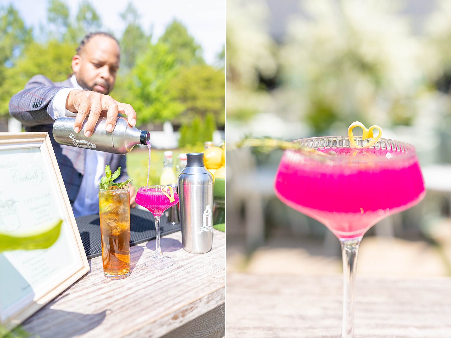 bartender making a pink drink at wedding reception 