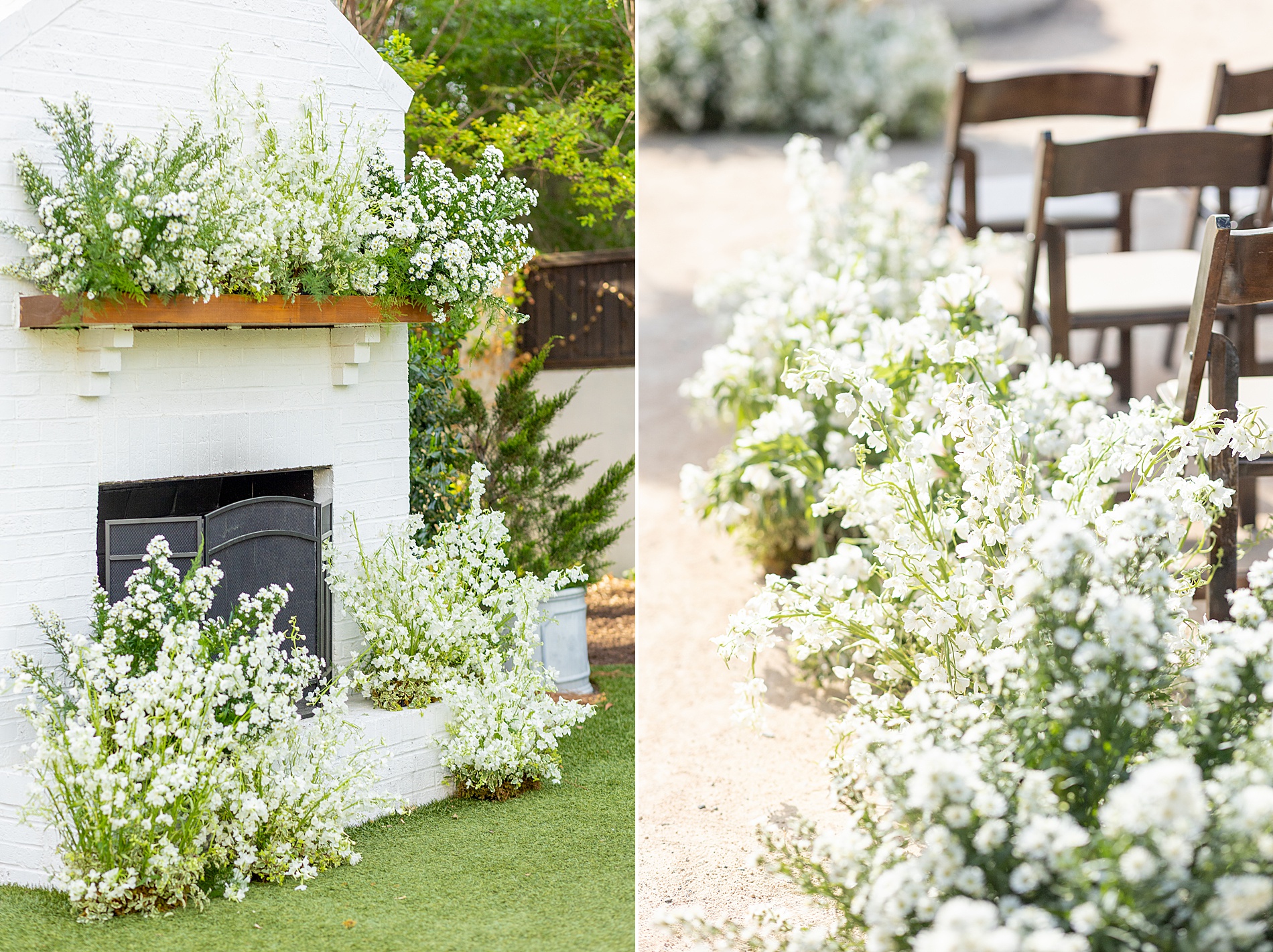 wispy and lush white flower arrangements decorate indoor and outdoor wedding spaces of The Bradford 