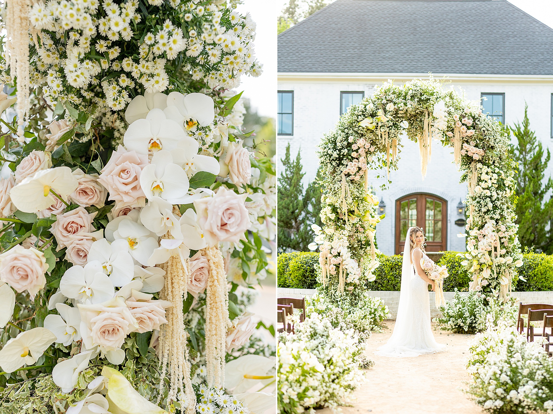 soft white and light pink flowers with greenery make stunning floral arch