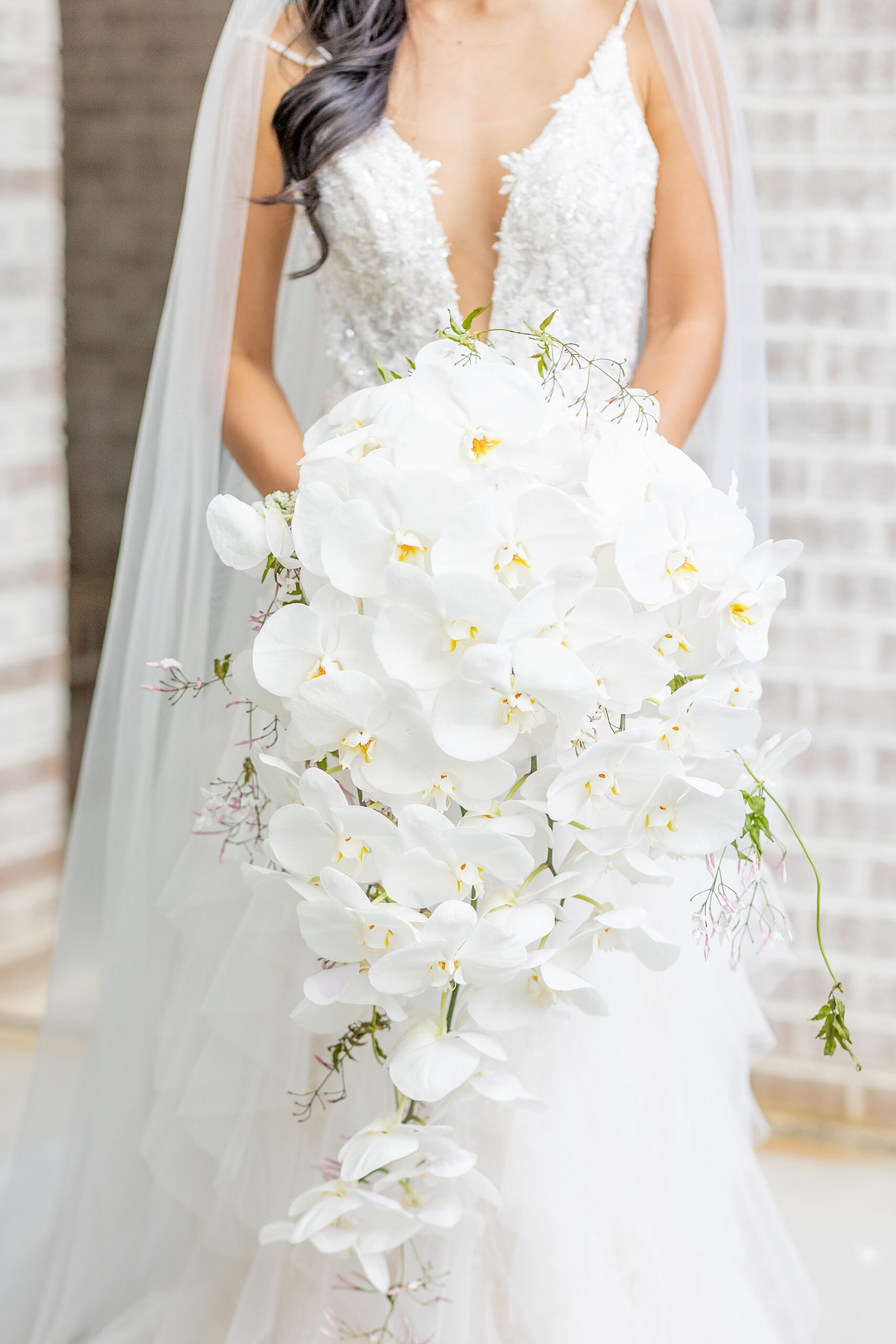 cascading white lilly bridal bouquet 