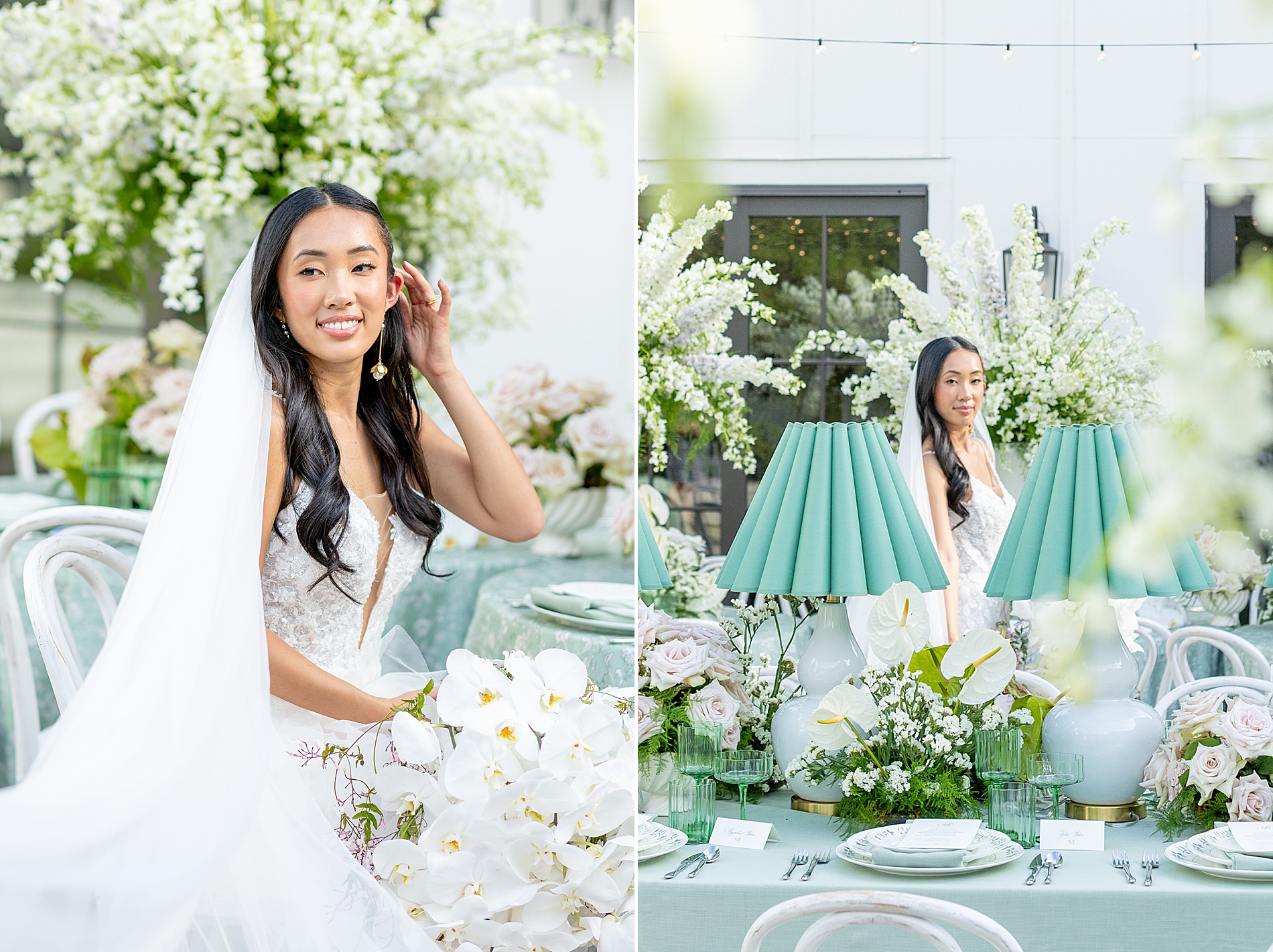 Outdoor wedding reception decorated with lush florals  