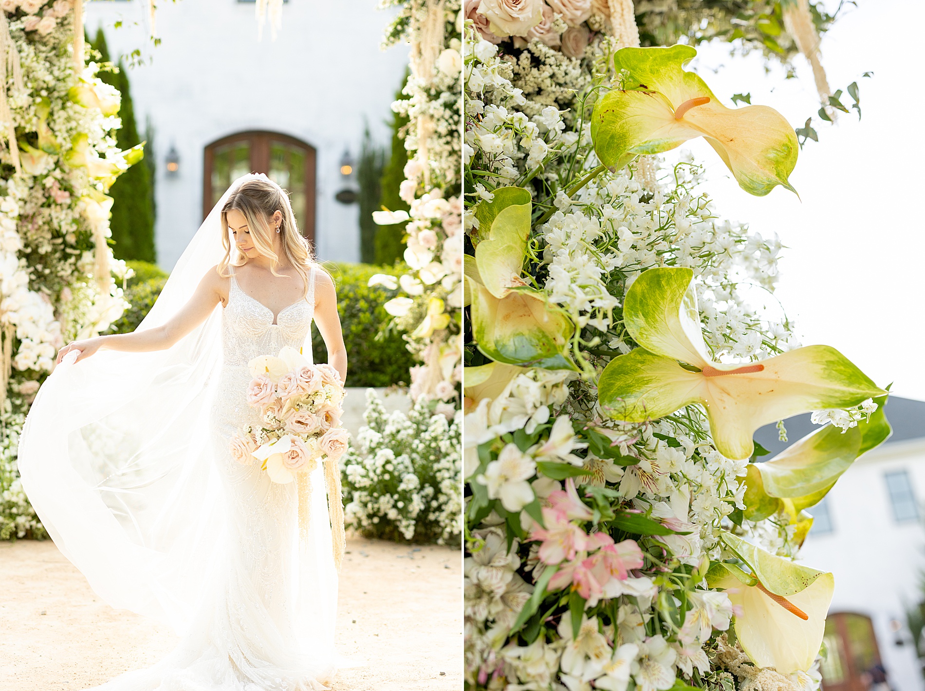 Bride by floral arch at luxury Raleigh wedding 