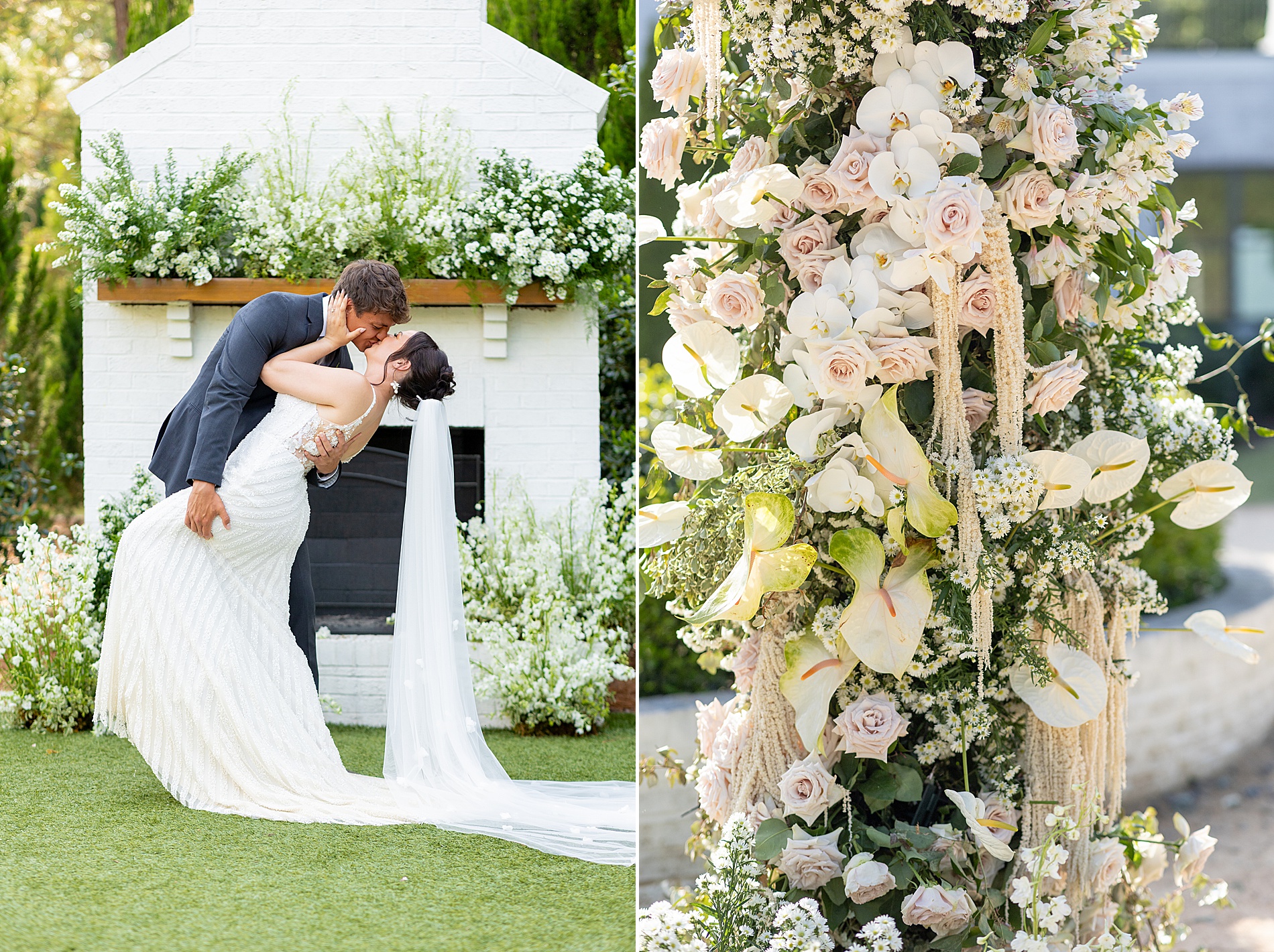 newlyweds kiss by florals at elevated outdoor wedding at The Bradford 