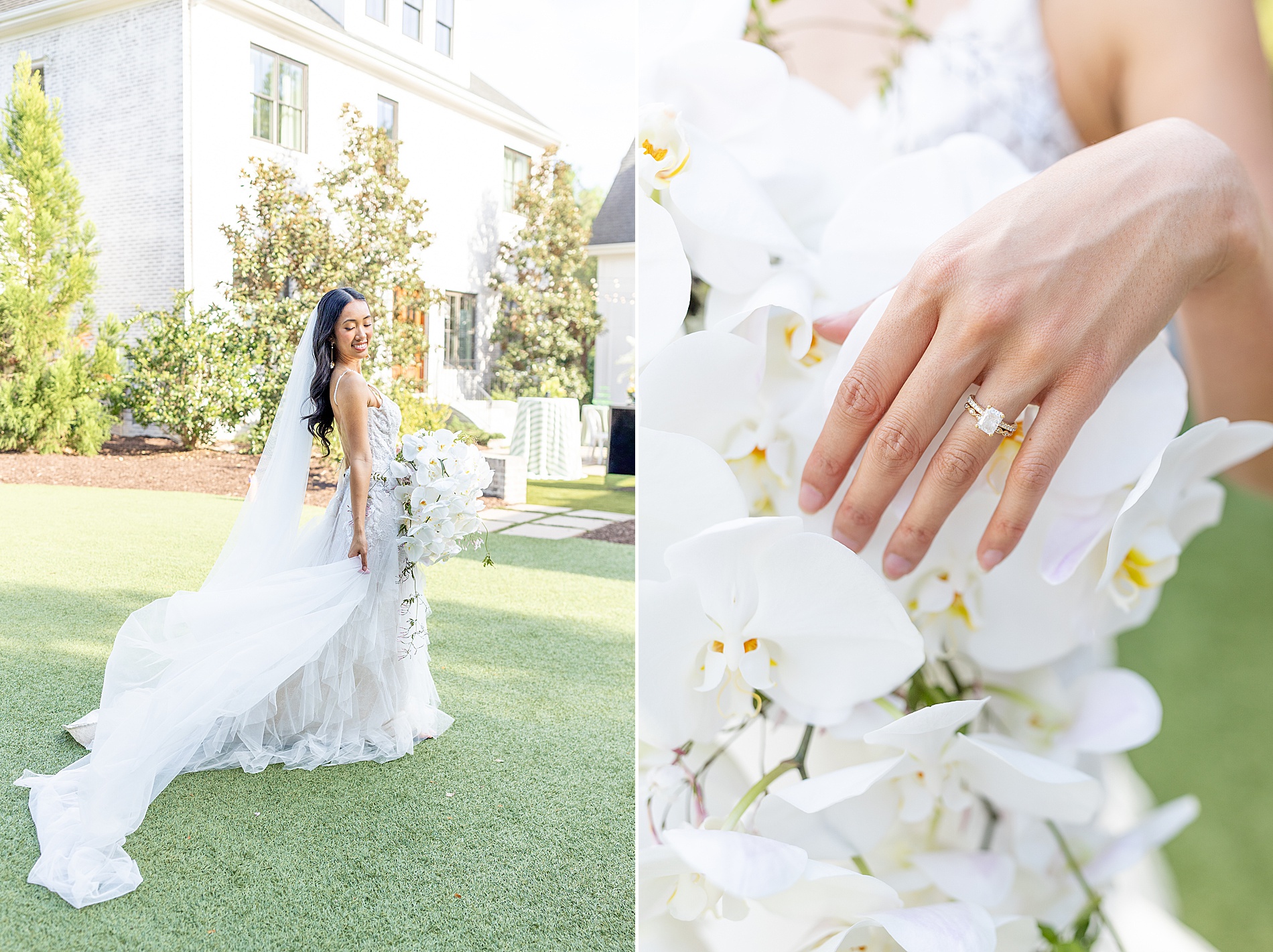 bride holding clean and classic white wedding bouquet with cascading lilies 
