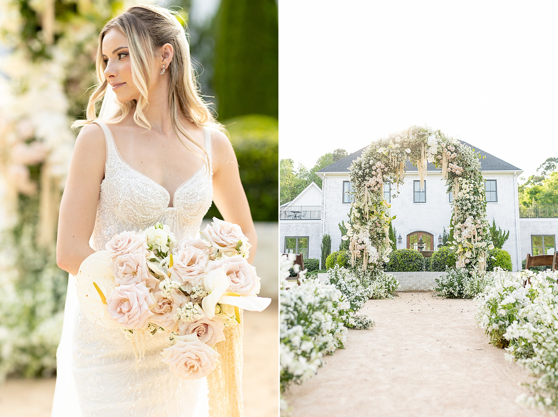 bride holding soft pink rose bouquet 