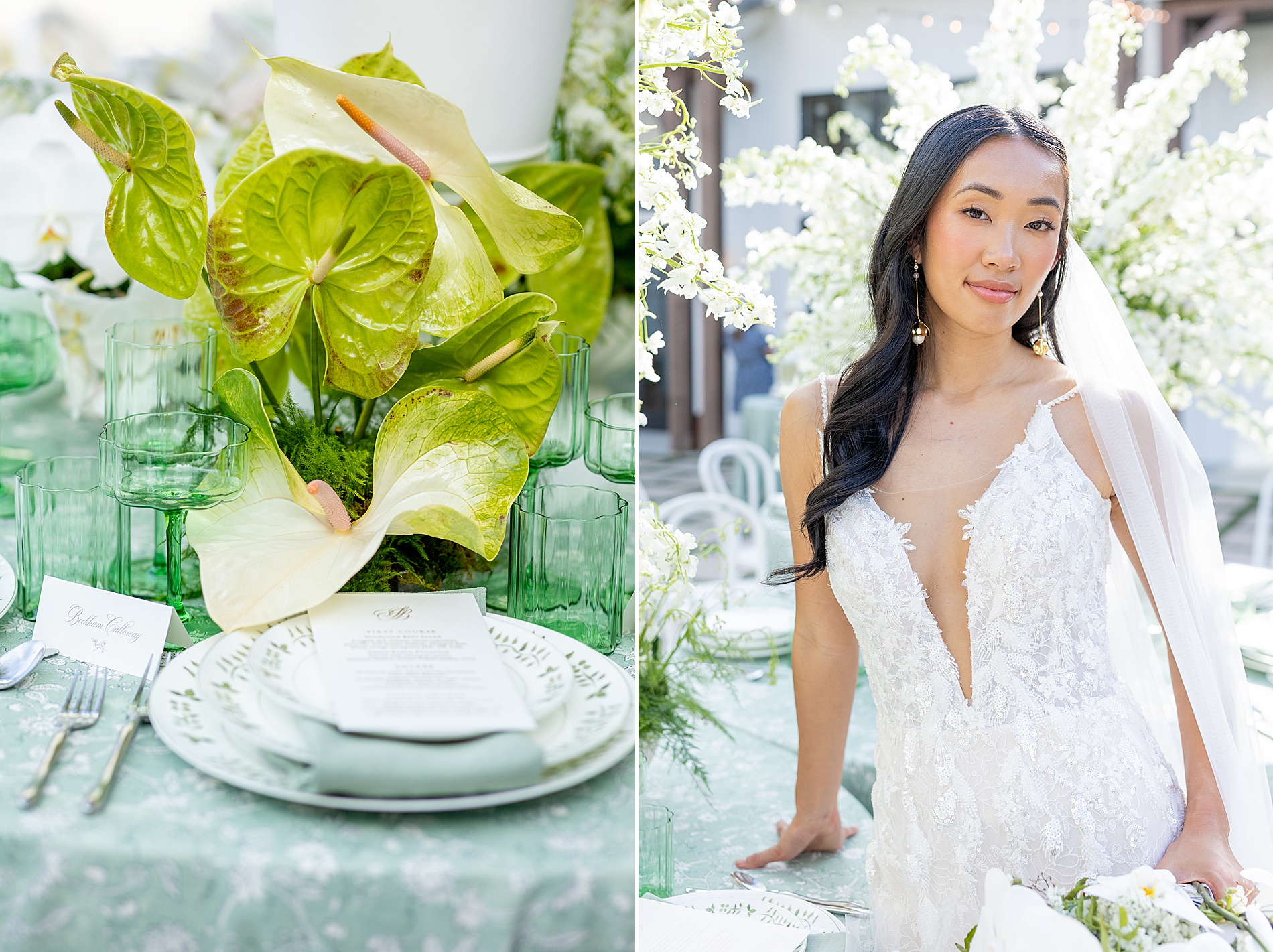 green leaves with tropical vibe decorate reception tables at Luxury Wedding at The Bradford  